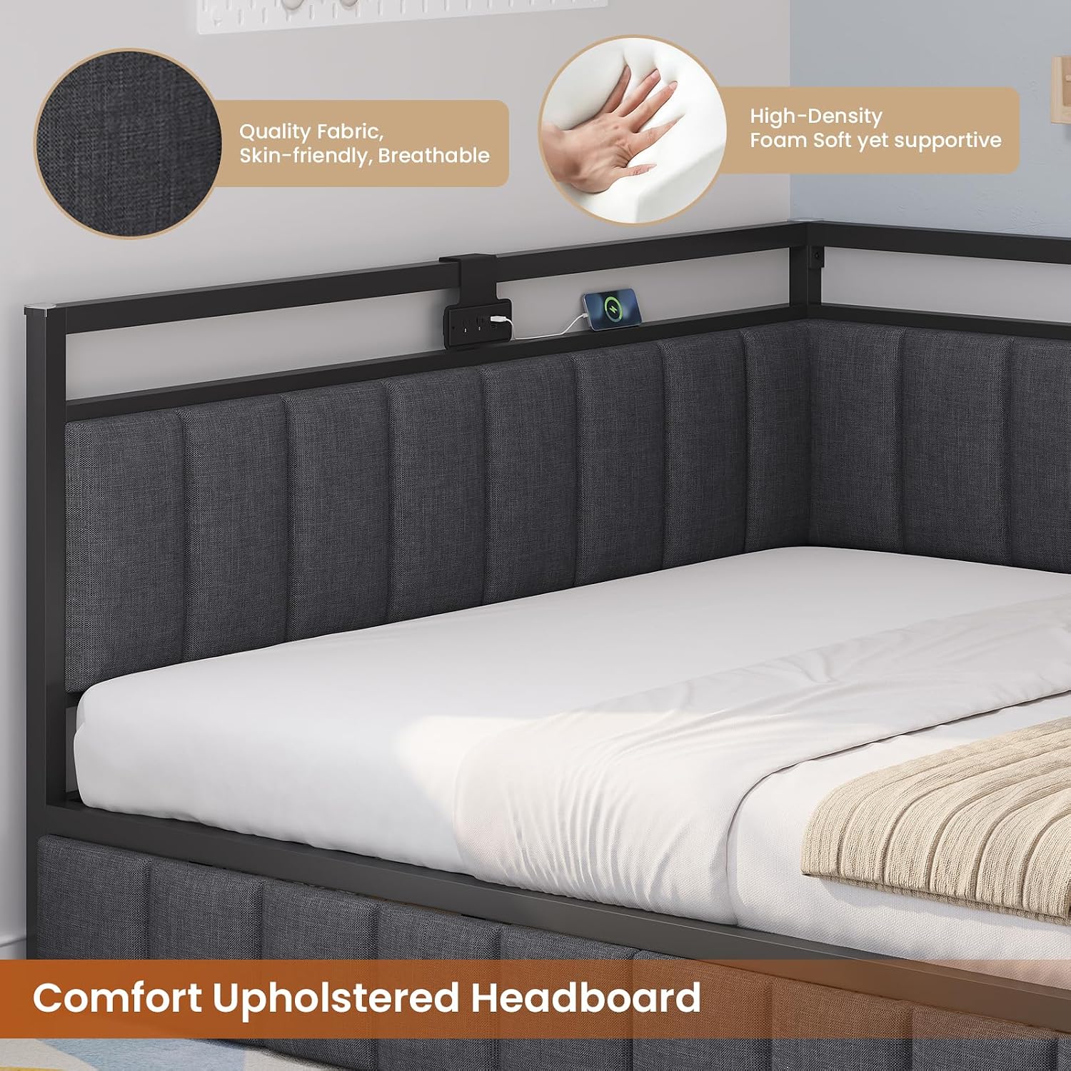 Hasuit Queen Corner Bed Frame with Storage Drawers, Queen Daybed with Line Fabric Upholstered Fence, Kids Bed Unit with LED Light and Charging Station, Modern Bed Frame Queen Size, Gray