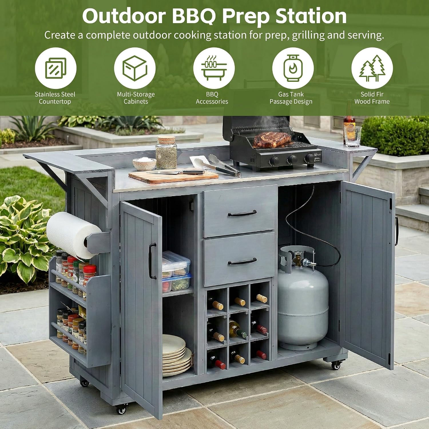 LUMISOL Outdoor Grill Cart with Stainless Steel Top, Wood Kitchen Island with Spice Rack & Wine Rack, 2 Drawers, Rolling Patio BBQ Kitchen Cart for Outdoor Cooking, Gray