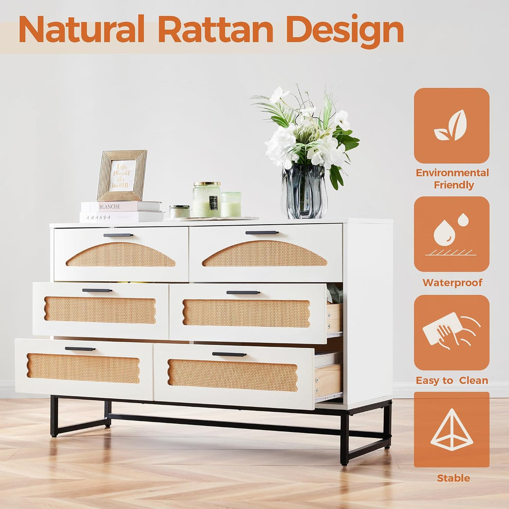 Mericonia 6 Drawer Double Dresser for Bedroom, Rattan Chest of Dressers, Modern Wooden Dresser Chest with Metal Frame for Bedroom, Living Room, Hallway and Entryway, White