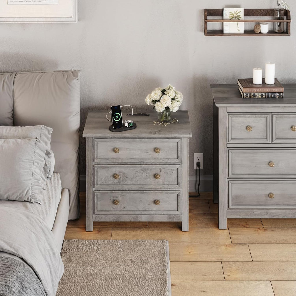 LGHM Large Nightstand with Charger Station, 27' W Night Stand with 3 Large Drawers, Accent Small Dresser Bed Side Table, Stable Thick Wood Legs, Timeless Look,Gray