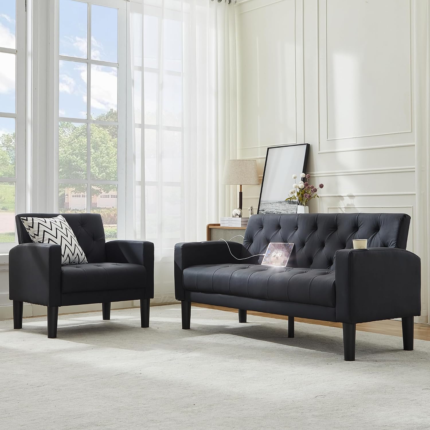 TYBOATLE Mid-Century Modern Tufted Black Faux Leather Loveseat Sofa Set w/ 2 USB & 2 Cupholders, 2 Piece Living Room Furniture Sets, Small Love Seat Couches for Small Space Apartment Bedroom Office