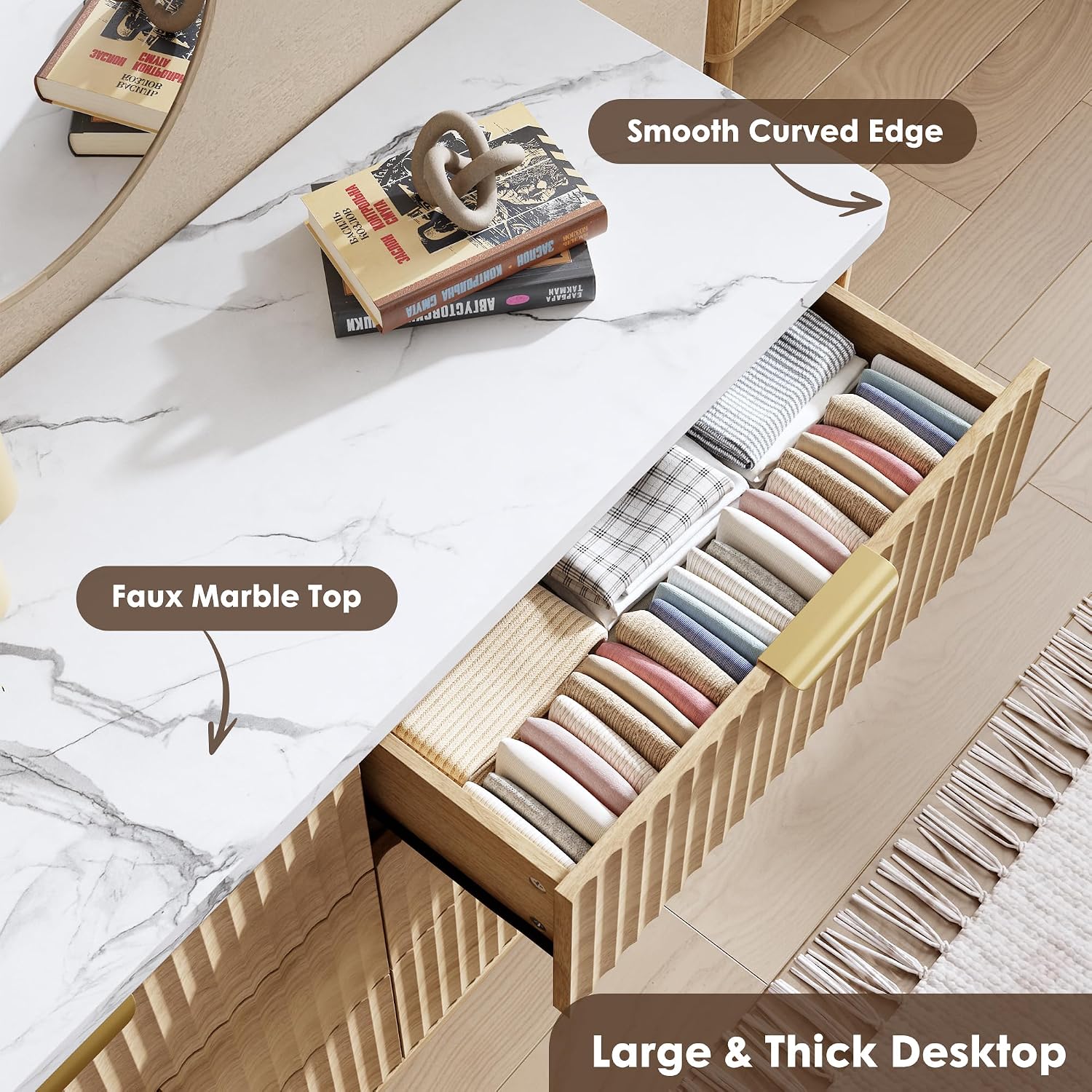 Fluted Dresser for Bedroom with 6 Deep Drawers, 47.2 in Tall Chest of Drawers with Faux Marble Top, Curved Profile Design, Modern Wooden Dresser, for Living Room, Kids Room, Hallway, Natural Oak