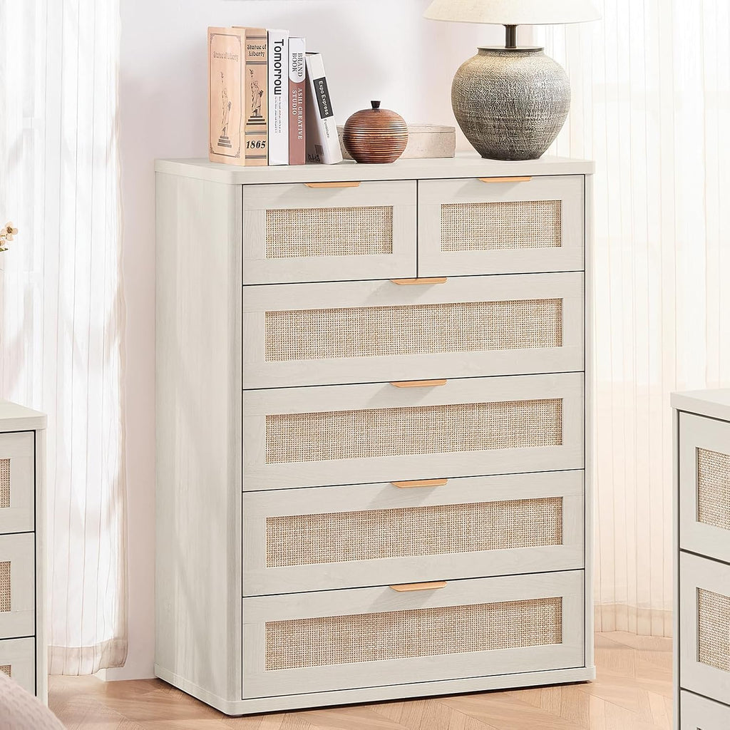 LEYAOYAO White Dresser for Bedroom Set of 2, 41' Tall Chest of Drawers, Modern 6 Drawers Boho Rattan Dressers with Storage, Dresser Wooden Closet Organizer for Living Room, Hallway