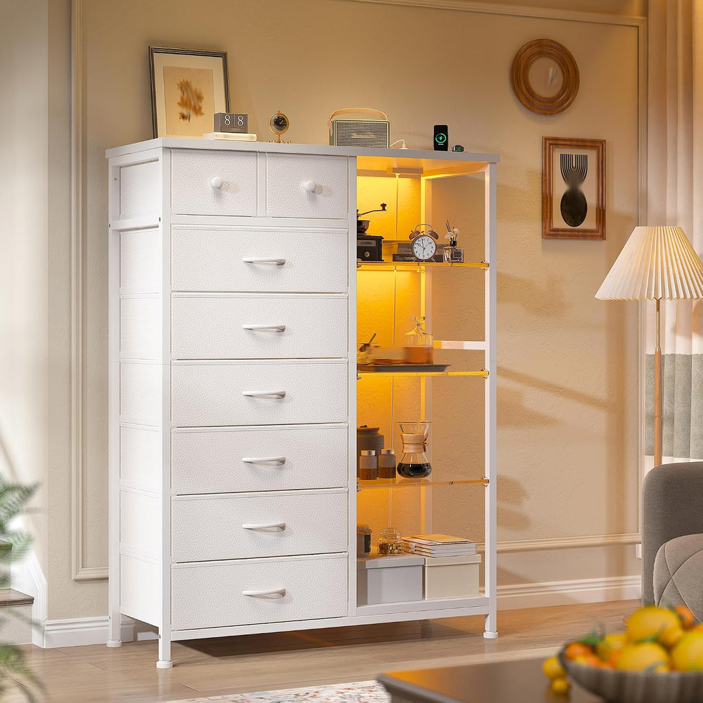 EnHomee 54' H Dresser for Bedroom with LED Lights & Power Outlets Dresser with 8 Drawers Fabric Dressers & Chests of Drawers, Shelves for Bedroom, Sturdy Metal Frame, Acrylic Plates (White)
