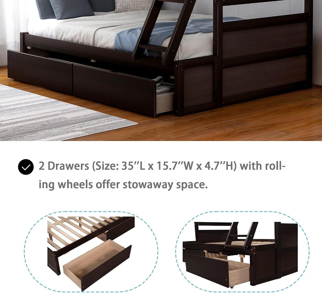 Merax Twin Over Full Bunk Bed, Wood Bunk Bed with Removable Ladders and Two Storage Drawers, Convertible into Two Individual Beds (Espresso)
