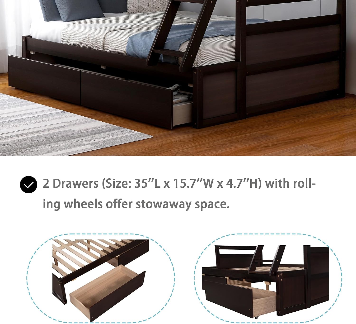 Merax Twin Over Full Bunk Bed, Wood Bunk Bed with Removable Ladders and Two Storage Drawers, Convertible into Two Individual Beds (Espresso)