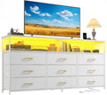 Romorgniz 55' W White Dresser for Bedroom with 9 Drawers LED TV Stand with Power Outlets for 45, 55, 65 Inch TV Sturdy Long Chest of Drawers with Extra 2 Wooden Shelves Steel Frame