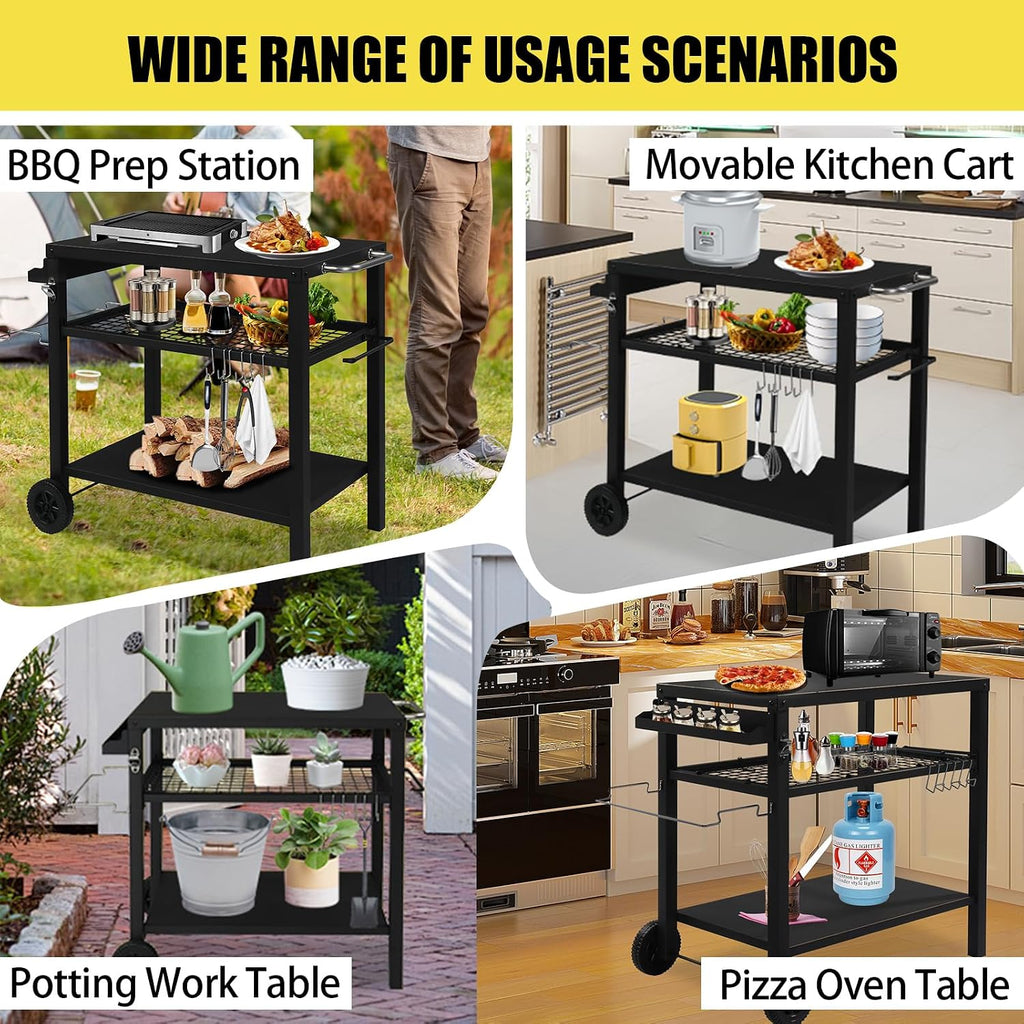 Outdoor Grill Cart,Grill Table with Three-Shelf,Movable Pizza Oven Table,Rolling Kitchen Cart,Grill Tables for Outside BBQ with Two Wheels Black