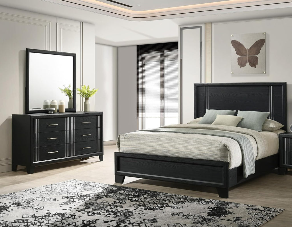 Beautiful Charcoal Finish Full Size Panel Bed Wooden 3pc Bedroom Furniture Set