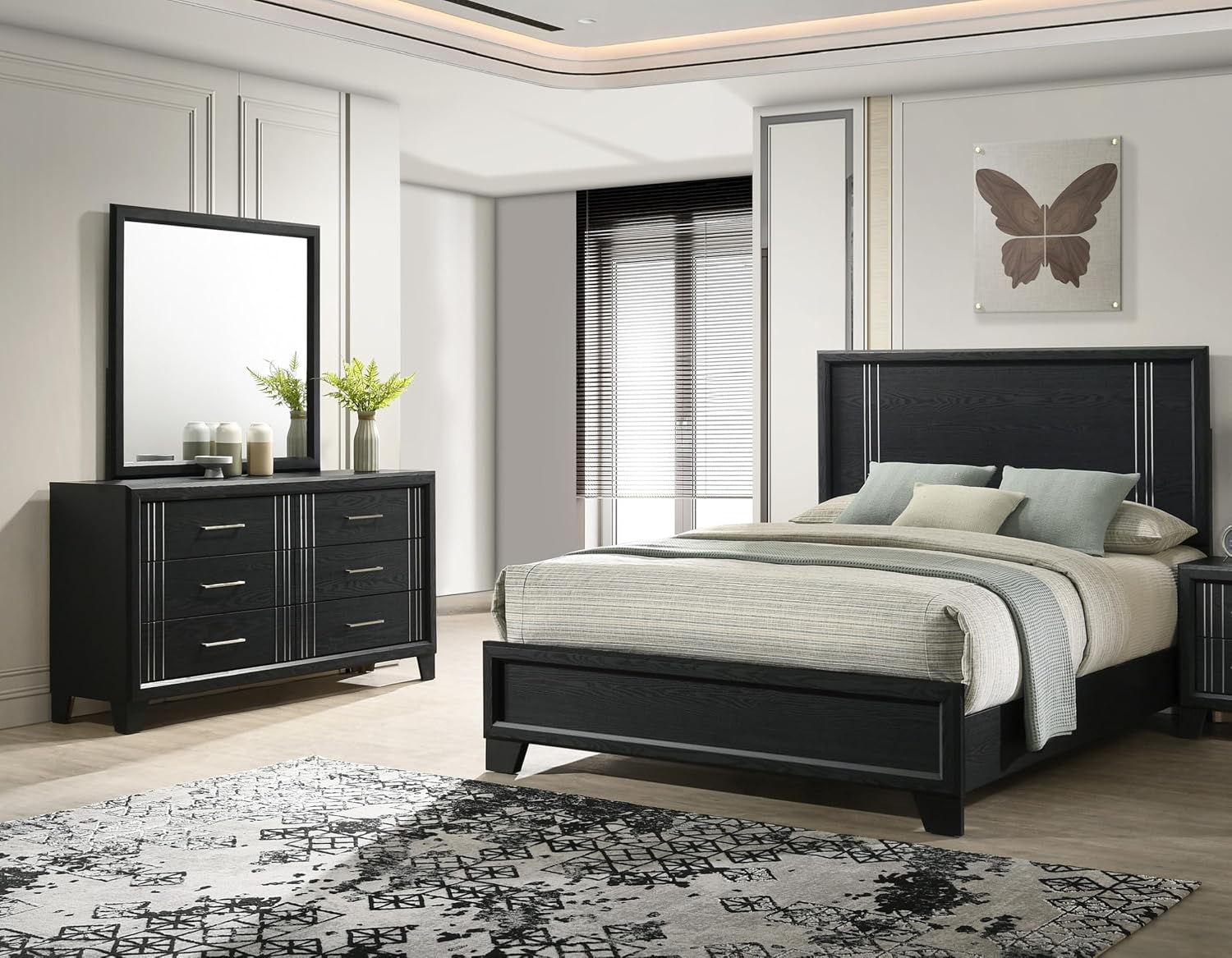 Beautiful Charcoal Finish Full Size Panel Bed Wooden 3pc Bedroom Furniture Set