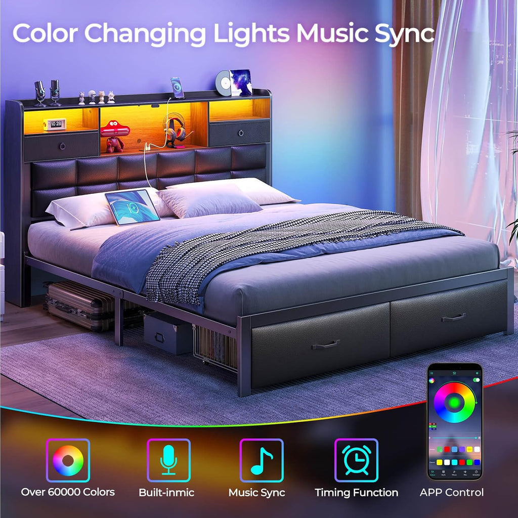 Rolanstar Bed Frame Full Size with Drawers and Charging Station, Upholstered Platform Bed with Storage Headboard and LED Light, Heavy Duty Metal Frame Support, No Box Spring Needed, Noise Free, Black