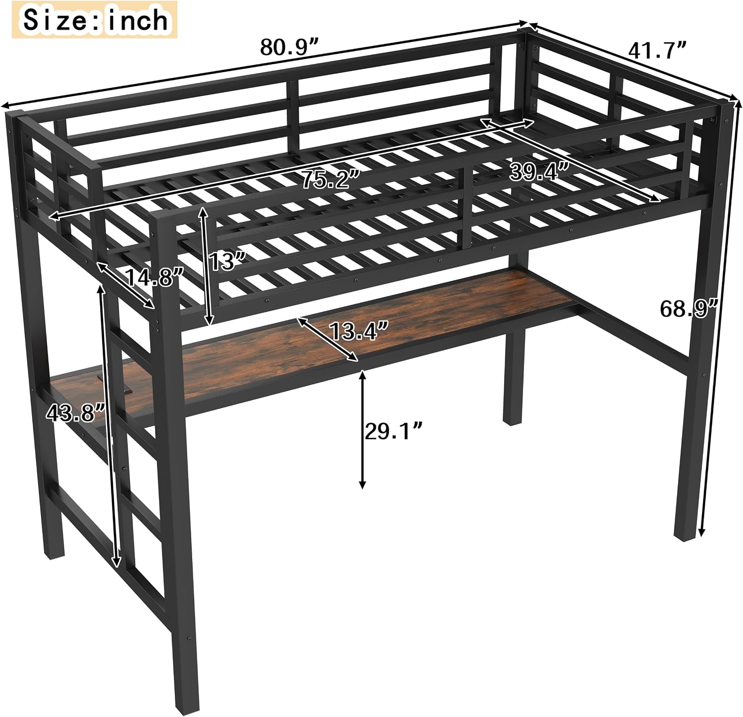 Bellemave Metal Twin Size Loft Bed with Desk and Charging Station,Heavy Duty Loft Bed Frame with LED Lights and USB for Kids,Teens,Adults,Twin Size,Black