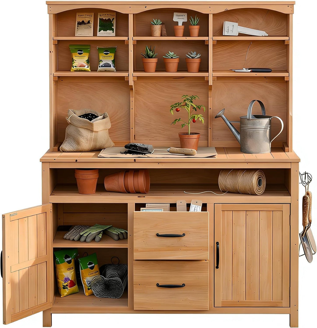 Outdoor Potting Bench Table with Large Countertop and Hutch, Freestanding Garden Workstation with Cabinets, Drawers and Hooks for Backyard (Natural Wood)