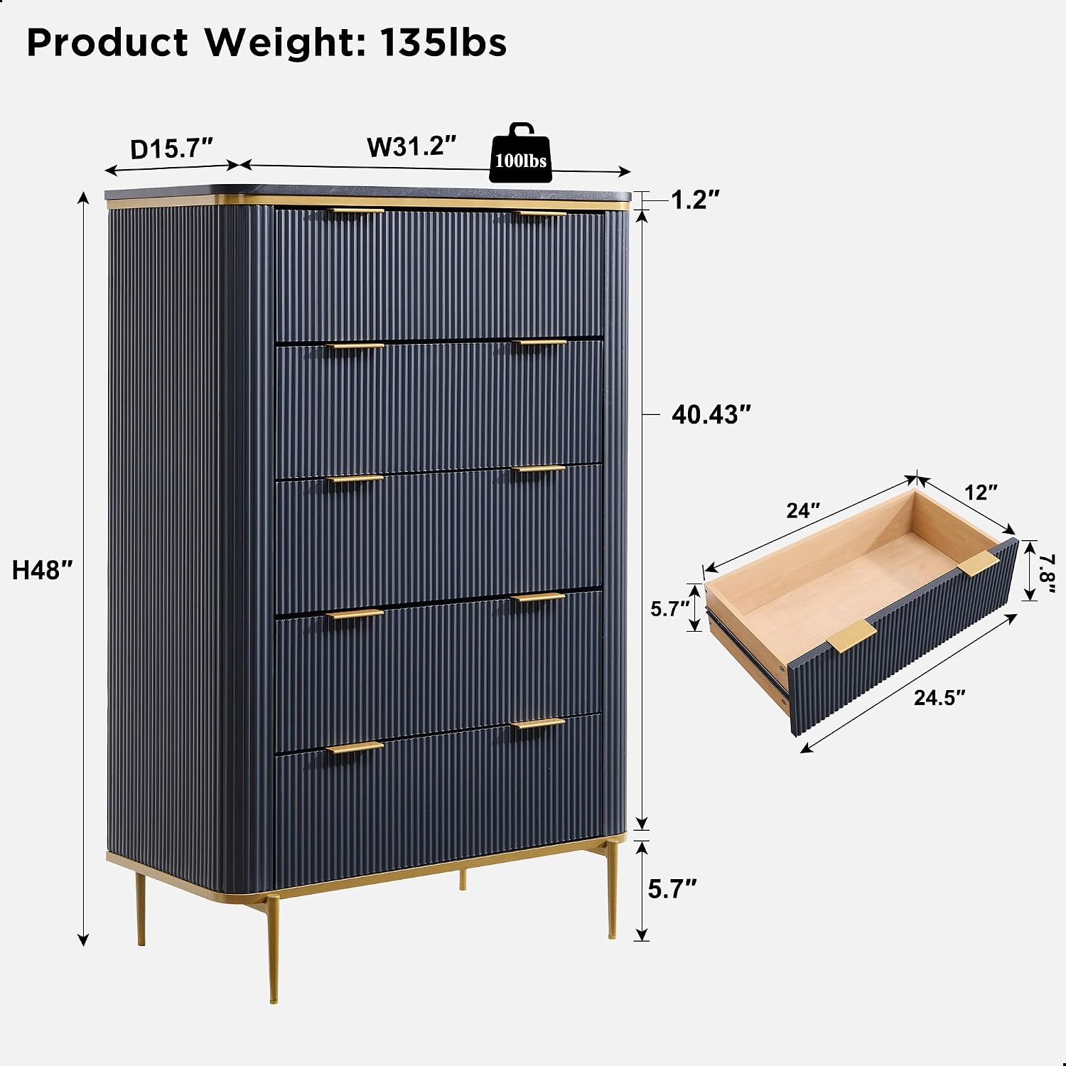 T4TREAM Fluted 5 Drawers Dresser for Bedroom, 48' Tall Modern Dresser Chest of Drawers, Gold Accents, Fluted Fronts, Wood Storage Dressers Organizer for Bedroom, Living Room, Dark Grey