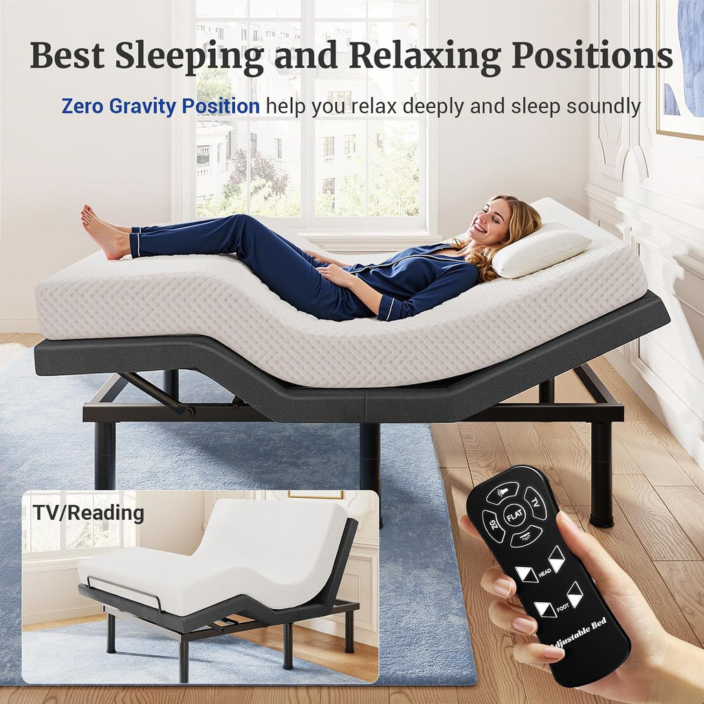 Tami Tami T450 Adjustable Bed Frame Full with Remote, Ergonomic Adjustable Base with Head & Foot Incline, Zero Gravity, Nightlight, Quiet Motor, and 3 Height-Adjustable Legs, Easy Assembly