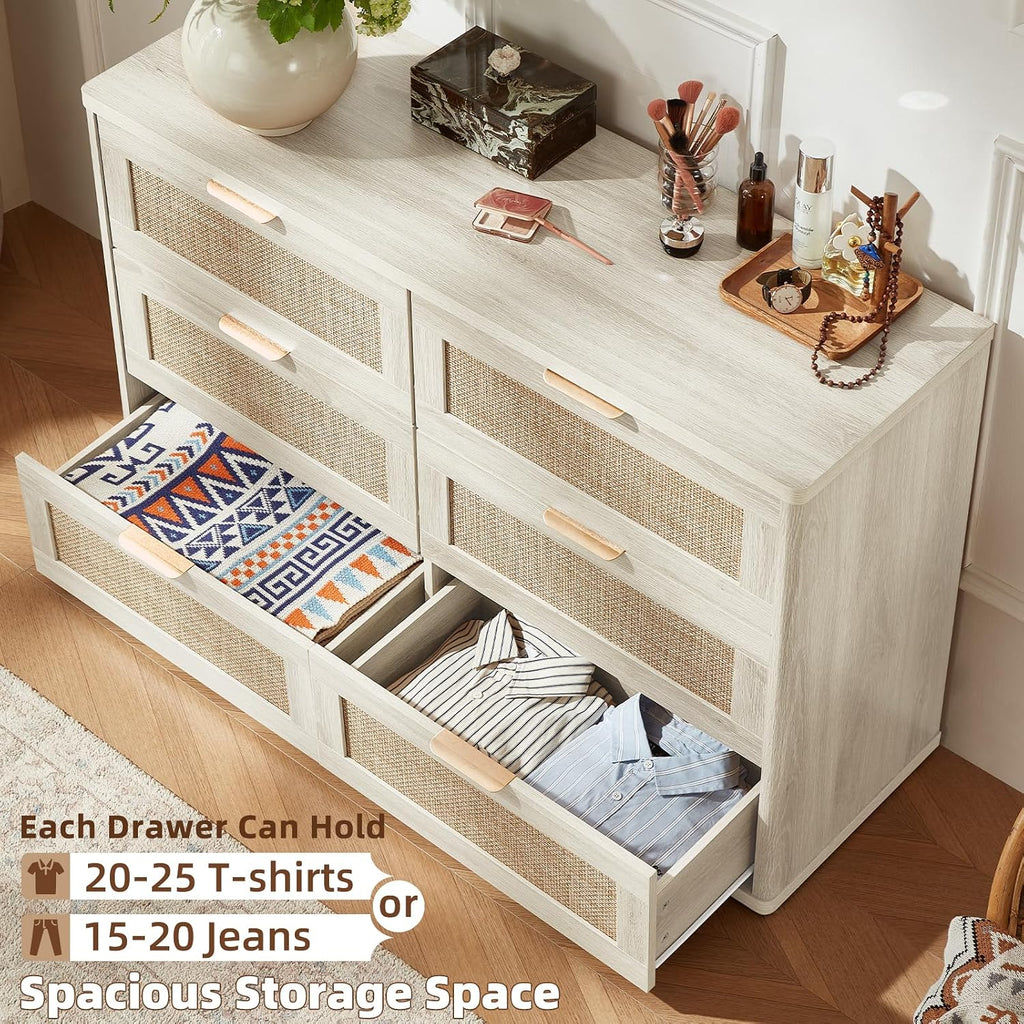 LEYAOYAO Rattan Dresser and Nightstand Sets 3 Piece, Boho Wood Dresser for Bedroom with 6 Drawers and Night Stand with 3 Drawer, Bedroom Furniture, Dressers & Chests of Drawers, Living Room, Hallway