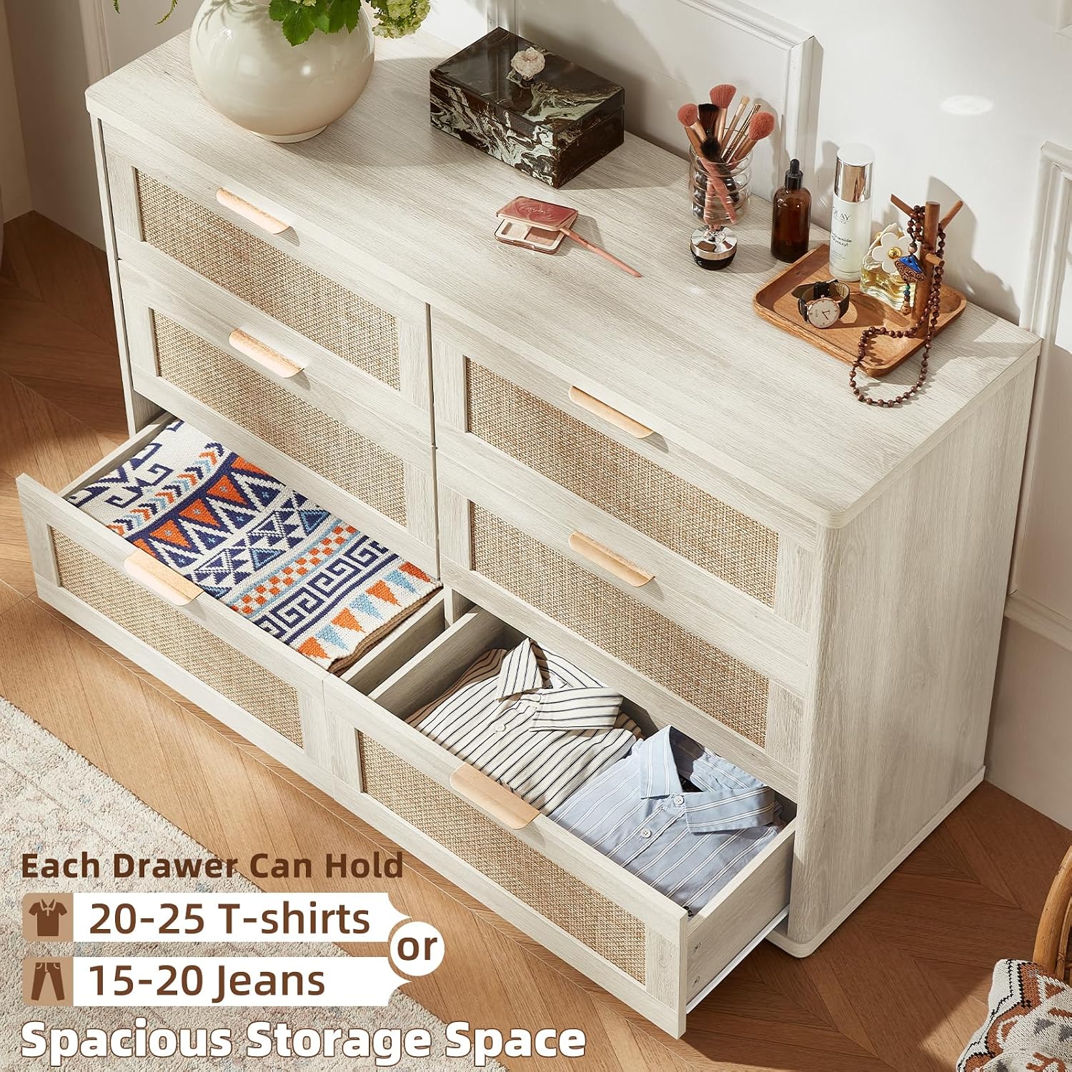 LEYAOYAO Rattan Dresser and Nightstand Sets 3 Piece, Boho Wood Dresser for Bedroom with 6 Drawers and Night Stand with 3 Drawer, Bedroom Furniture, Dressers & Chests of Drawers, Living Room, Hallway