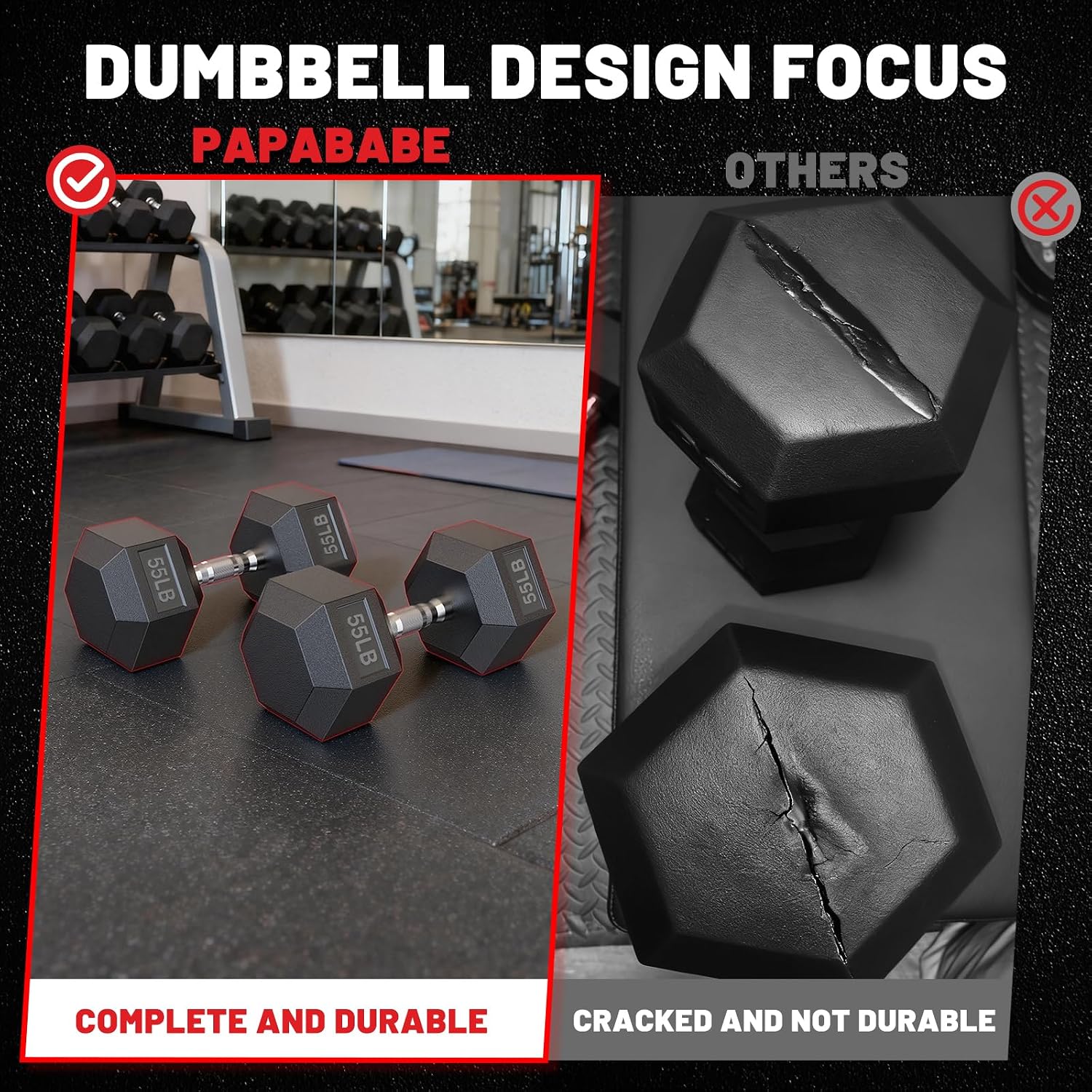 PAPABABE Hex Dumbbell Sets with Rack, 100-600lb Rubber Coated Dumbbell Weight Set and Storage Rack, Multiple Options Hand Weights for Strength Training