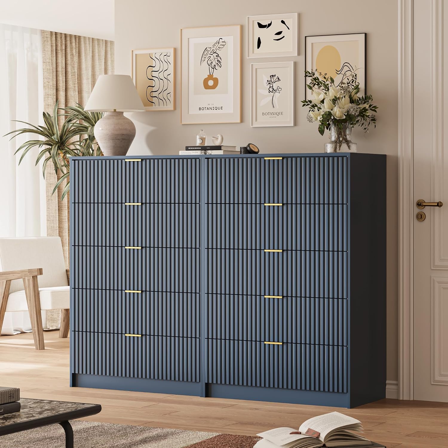 MAISONARIA 5 Drawer Dresser for Bedroom, Tall Dresser Chest of Drawers with Gold Handles, 32 Inch Wide Nightstand with for Bedroom, Living Rooms, Offices, and Entryways, Navy Blue