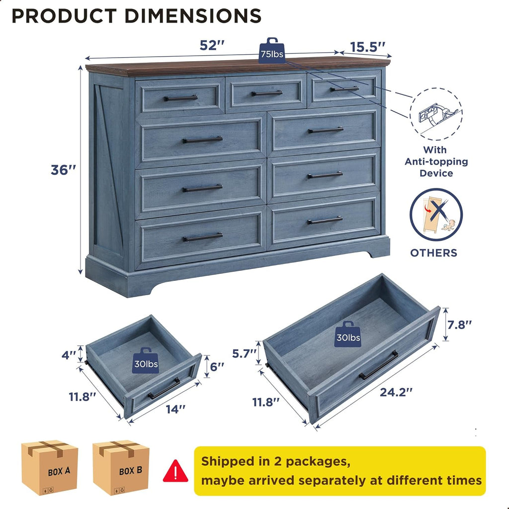 JXQTLINGMU 9 Drawers Dresser for Bedroom, Farmhouse 52'' Wide Dressers & Chests of Drawers w/Roman Column, Large Storage Dressers Organizer for Bedroom Hallway, Blue