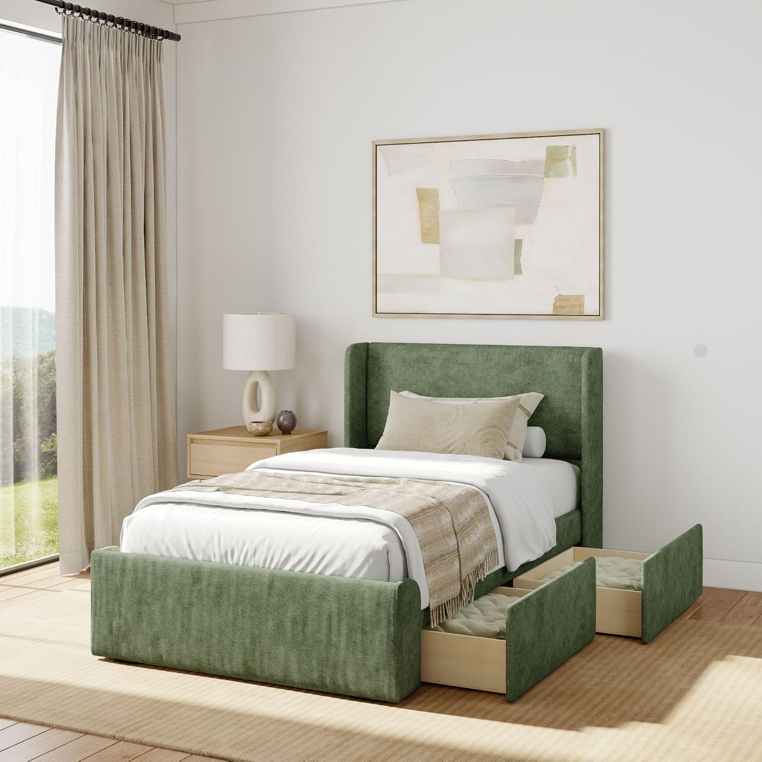 Plank+Beam Upholstered Twin Bed Frame with Rectangular Headboard and Two Storage Drawers, Upholstered Platform Bed, No Box Spring Needed, Easy Assembly, Green