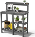 FOOWIN Potting Bench, HDPE Outdoor Potting Table with Sink, All-Weather Potting Benches for Outside, Gardening Table with Storage Shelf, Hook, for Garden, Patio, Lawns, Grey