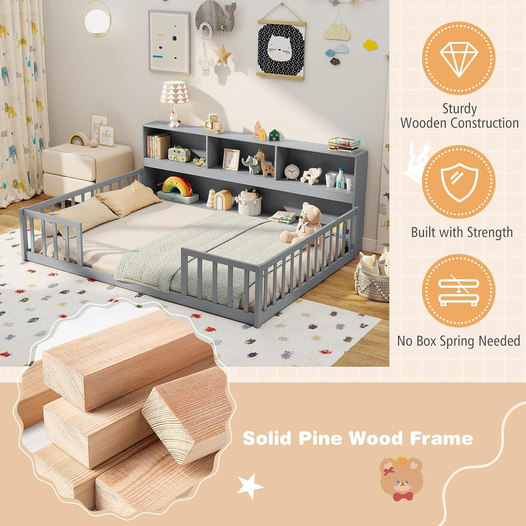 Giantex Full Size Floor Bed for Kids, Wooden Montessori Bed Frame with Bookcase, Storage Shelves & Safety Fence Rails, Floor Beds Full for Girls, Boys, No Box Spring Needed, Without Slats, Grey