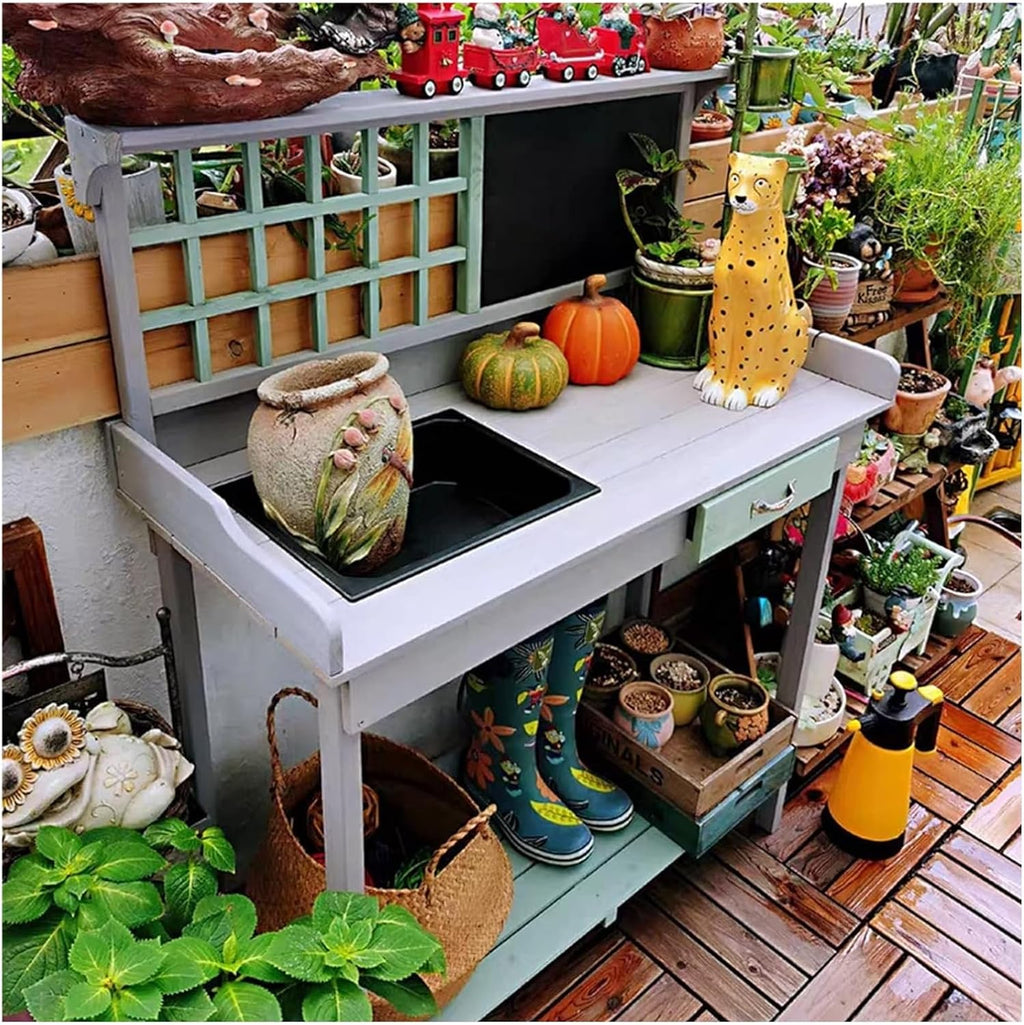 Potting Bench Table,Garden Potting Table, Outdoor Garden Potting Table Garden Work Bench Potting Bench Table for Patio Backyard and Porch with Cabinet Drawer Open Top & Lower Shelf, Gray