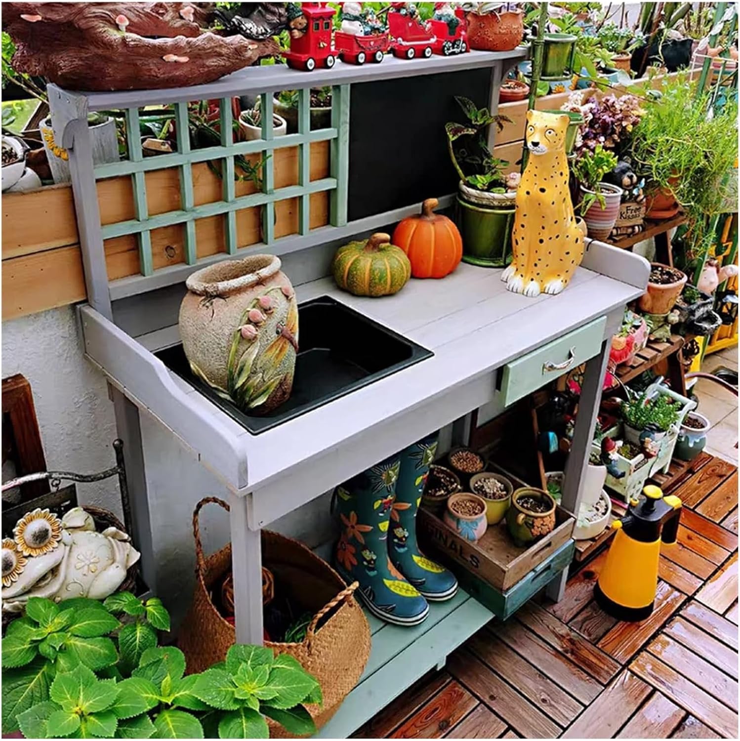 Potting Bench Table,Garden Potting Table, Outdoor Garden Potting Table Garden Work Bench Potting Bench Table for Patio Backyard and Porch with Cabinet Drawer Open Top & Lower Shelf, Gray