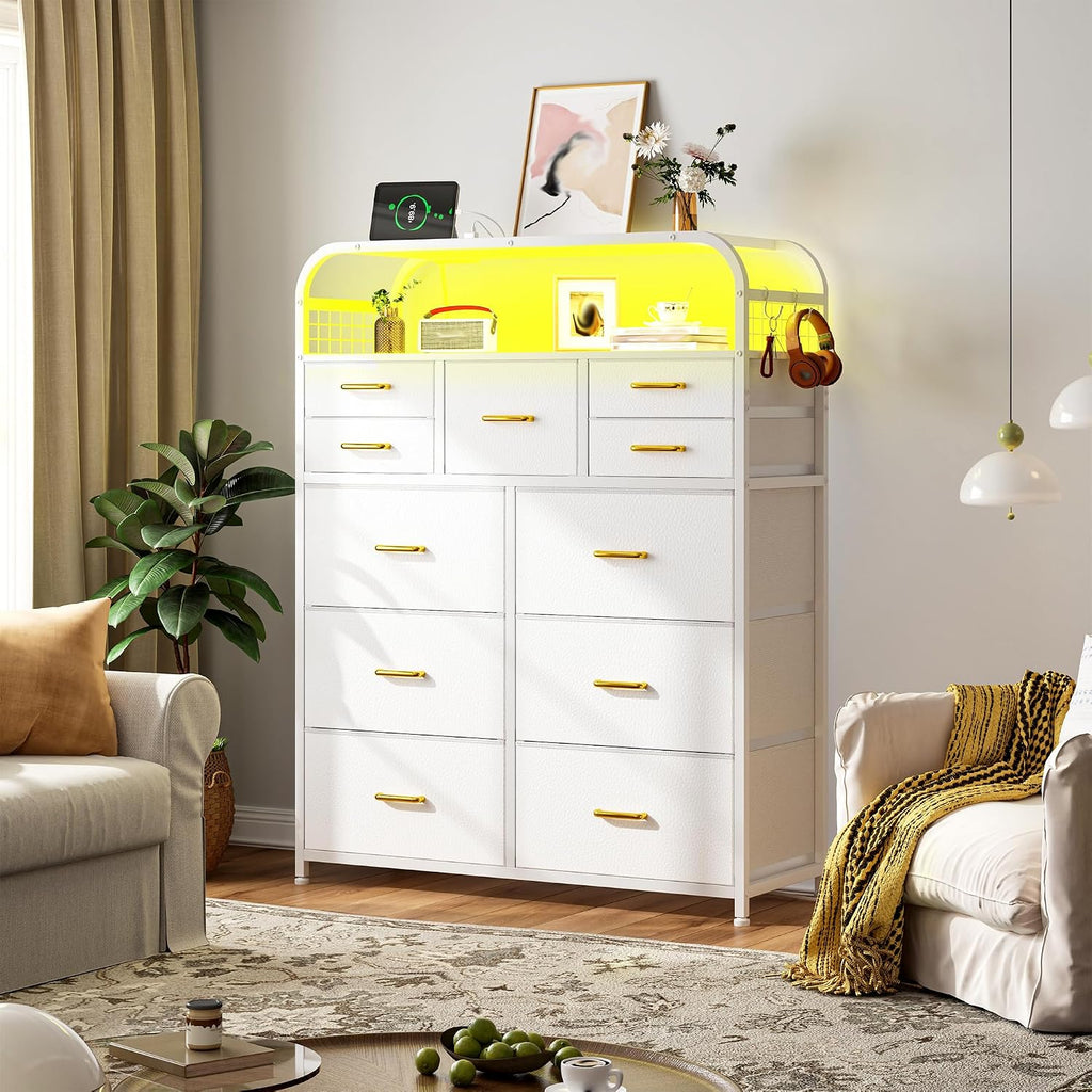 EnHomee 47' H Dressers & Chests of Drawers with LED Lights & Charging Station, Dresser for Bedroom with 11 Fabric Drawers & 4 Hooks & Open Shelves, Entryway, Hallway, Dorm White