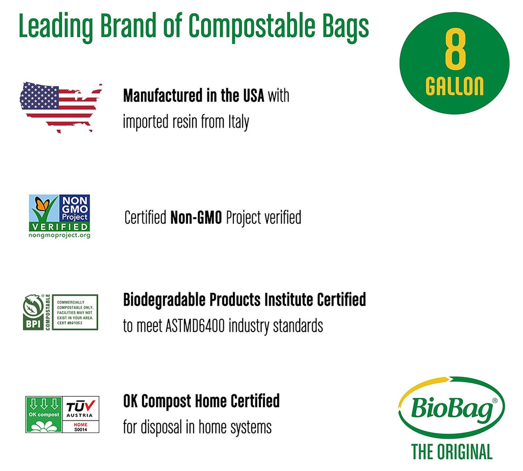 BioBag The Original Compostable Bag, 23 Gallon, 100% Certified Compostable Trash Bag Liners & The Original Compostable Bag, 8 Gallon, 500 Count, 100% Certified Compostable Trash Bag Liners