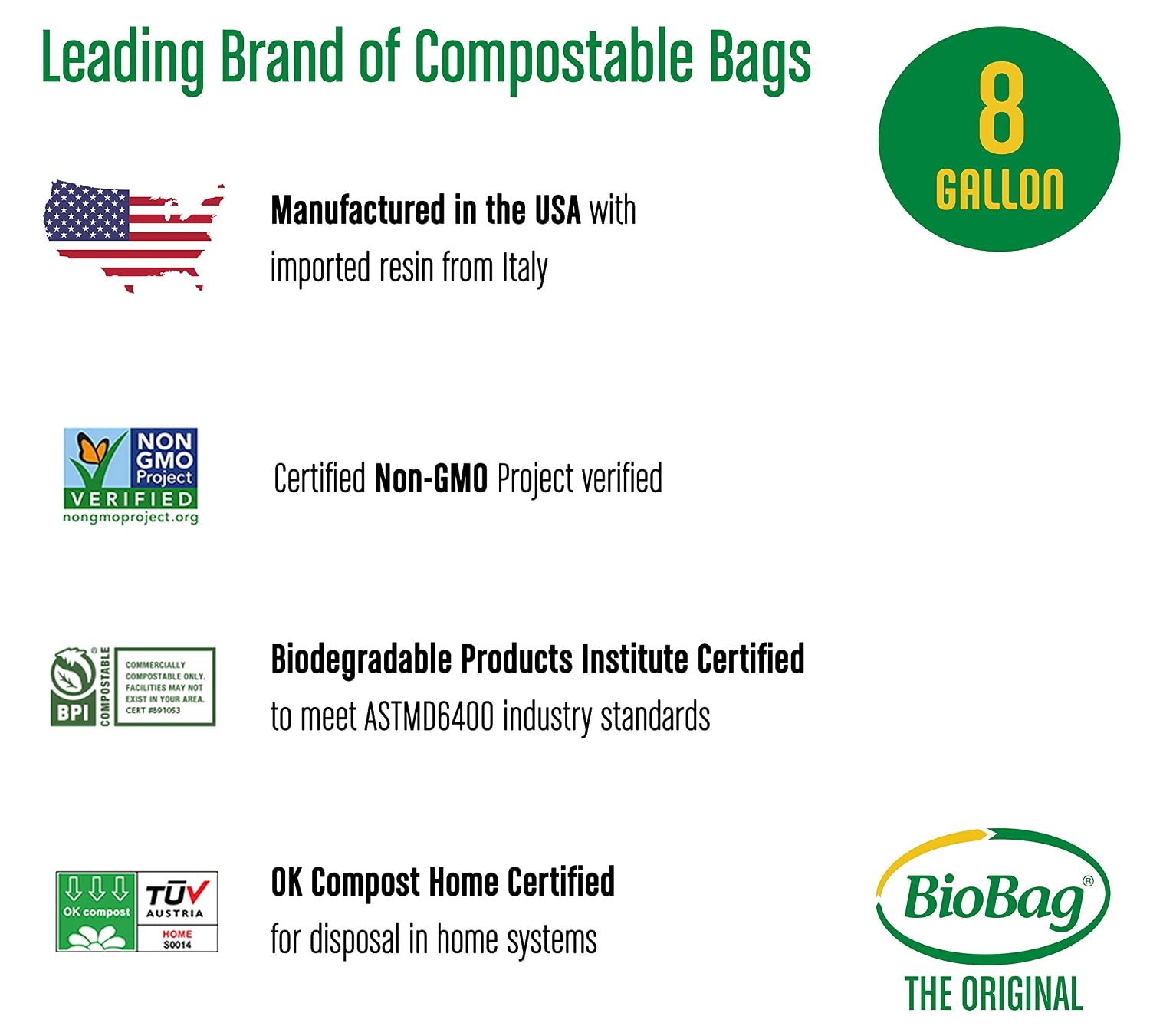 BioBag The Original Compostable Bag, 23 Gallon, 100% Certified Compostable Trash Bag Liners & The Original Compostable Bag, 8 Gallon, 500 Count, 100% Certified Compostable Trash Bag Liners