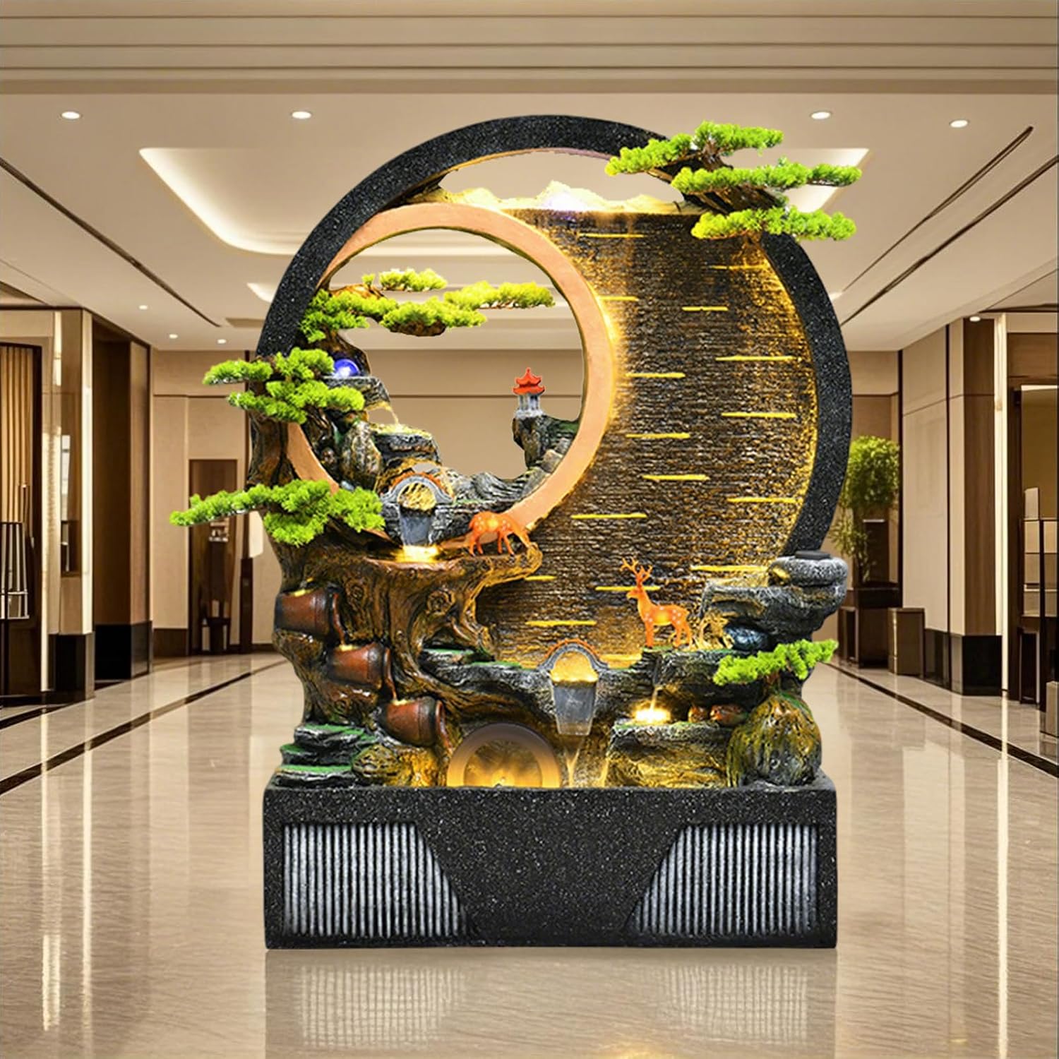 Indoor Outdoor Resin Fountain with LED Light Ring – Round Landscape Waterfall Feature with Pump, Bonsai & Gourd Decor – 6.07ft Tall Large Decorative Water Sculpture(B Large)