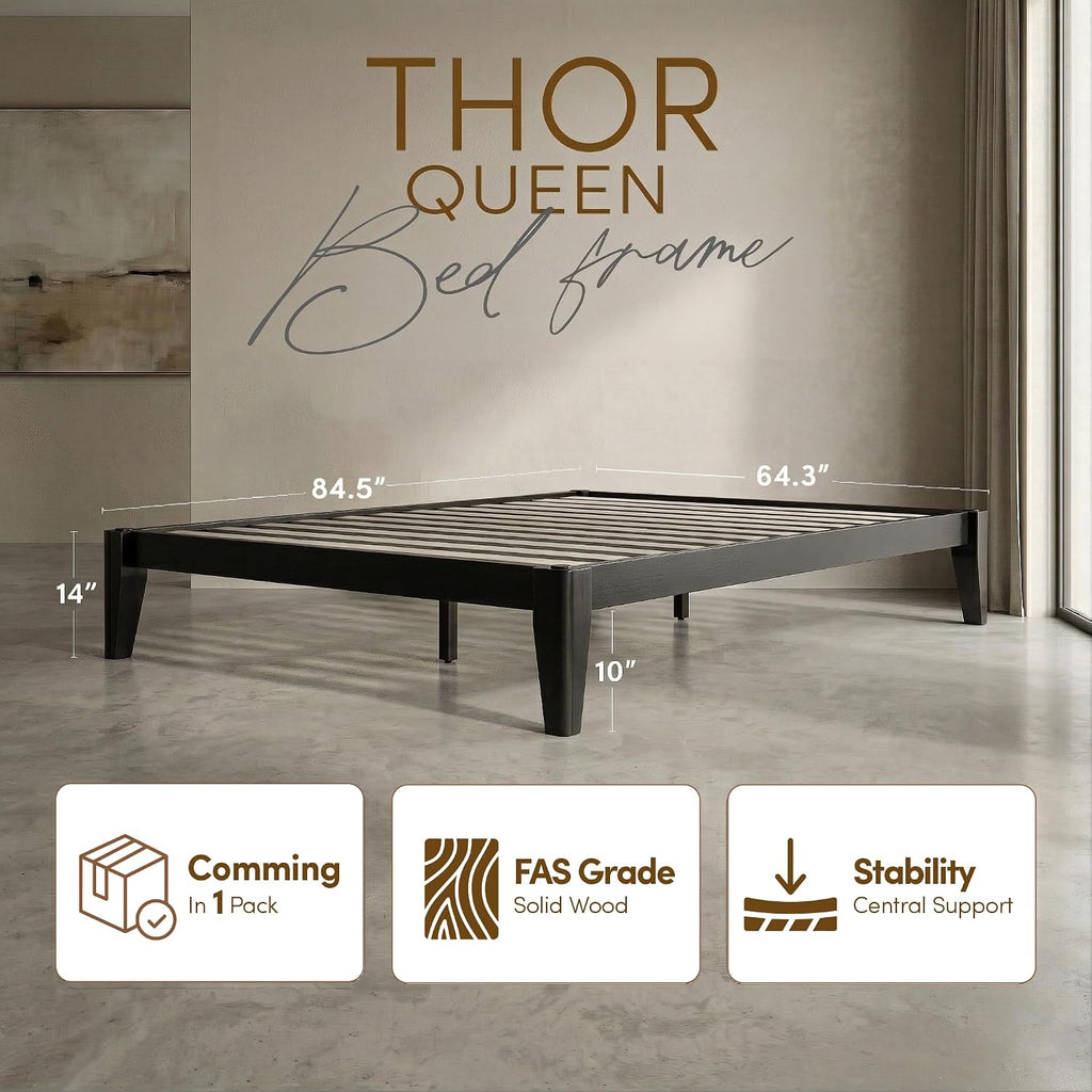 Thor Premium Solid Wood Bed Frame Queen, Japanese Joinery Bed Frame with Wood Slat Support, Platform Bed, No Box Spring Needed, Easy Assembly, Minimalist & Modern Style (Midnight Charcoal)
