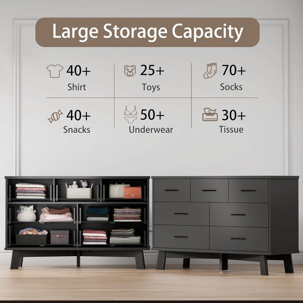 Xixini Dresser for Bedroom with 7 Drawer, Wood Modern Chest of Drawers with X-Shaped Sturdy Base, Wide Double Dresser Closet Clothes Storage Organizer, Wooden TV Stand for Living Room, Hallway, Black