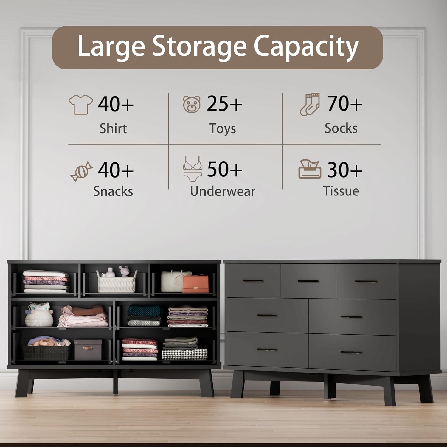 Xixini Dresser for Bedroom with 7 Drawer, Wood Modern Chest of Drawers with X-Shaped Sturdy Base, Wide Double Dresser Closet Clothes Storage Organizer, Wooden TV Stand for Living Room, Hallway, Black