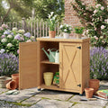 Potting Bench Outdoor Workstation Table with Storage Cabinet Metal Tabletop for Patio, Light Brown