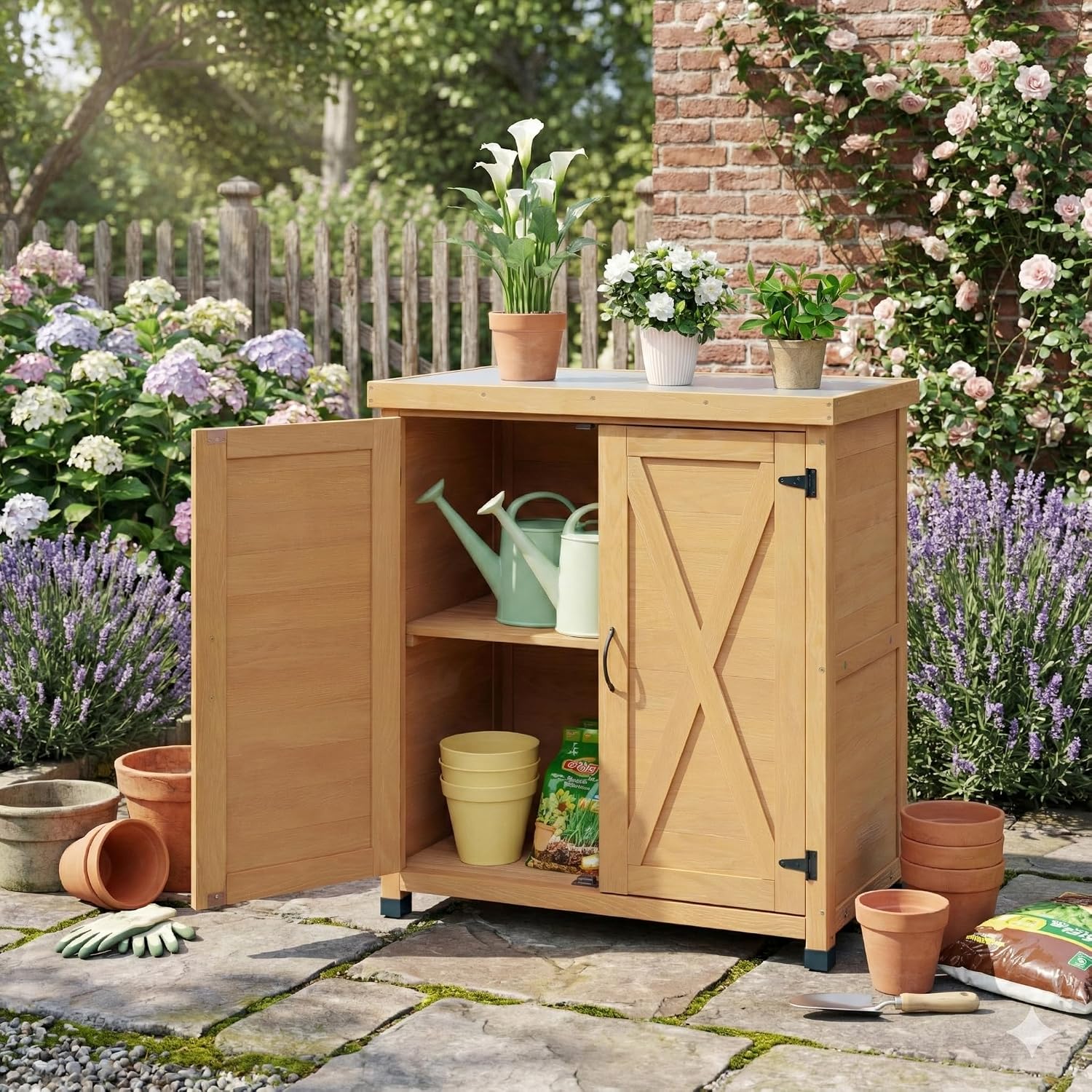 Potting Bench Outdoor Workstation Table with Storage Cabinet Metal Tabletop for Patio, Light Brown