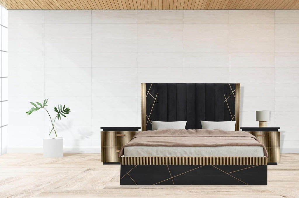 Modern Style 5Pc King Bedroom Set Made with Wood and ed with Black and Brass Metal