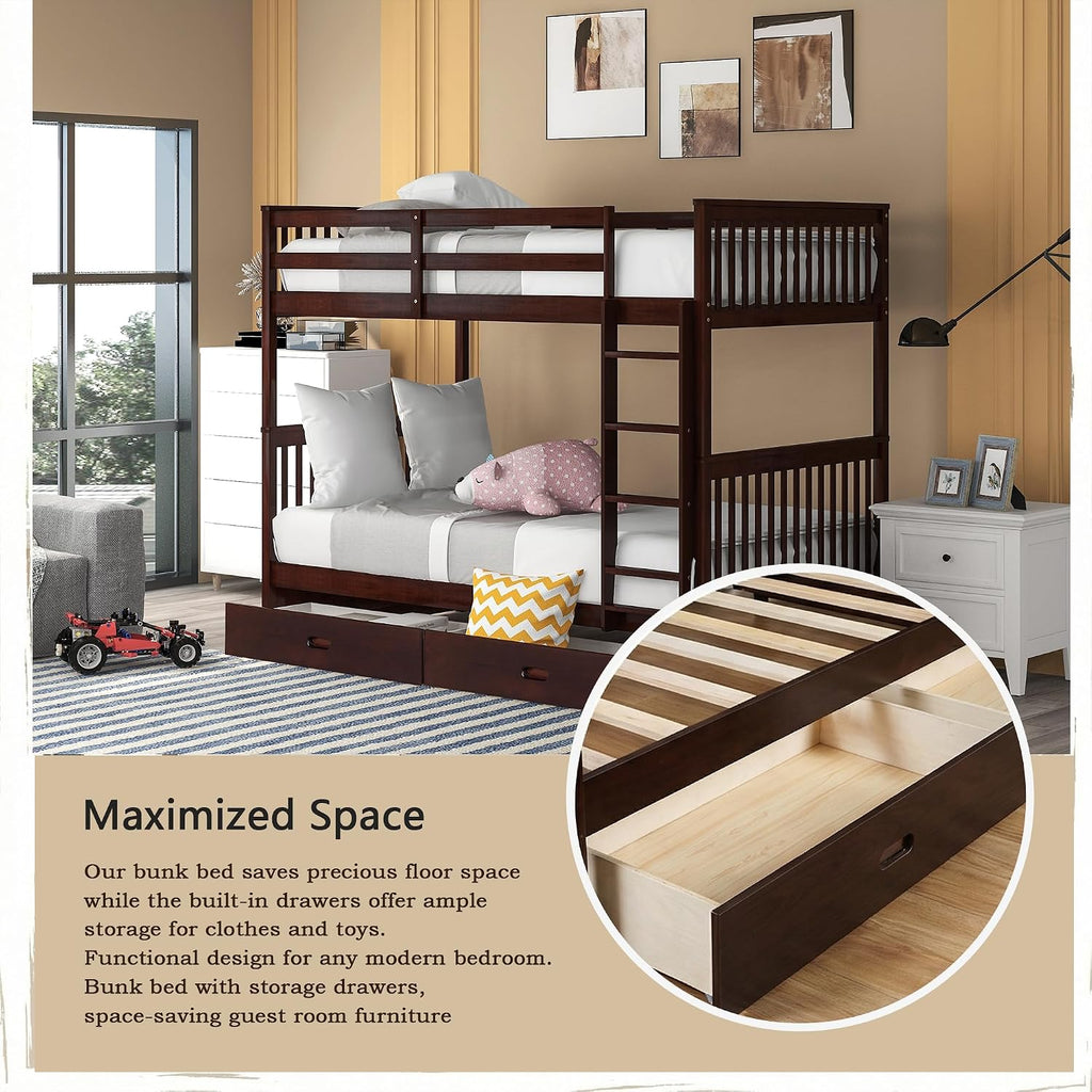 Merax Twin-Over-Twin Bunk Bed with Two Storage Drawers, Solid Wood Twin Size Bunk Bed with Guardrial and Removble Ladder, Can be Converted Into 2 Separate Beds, Espresso