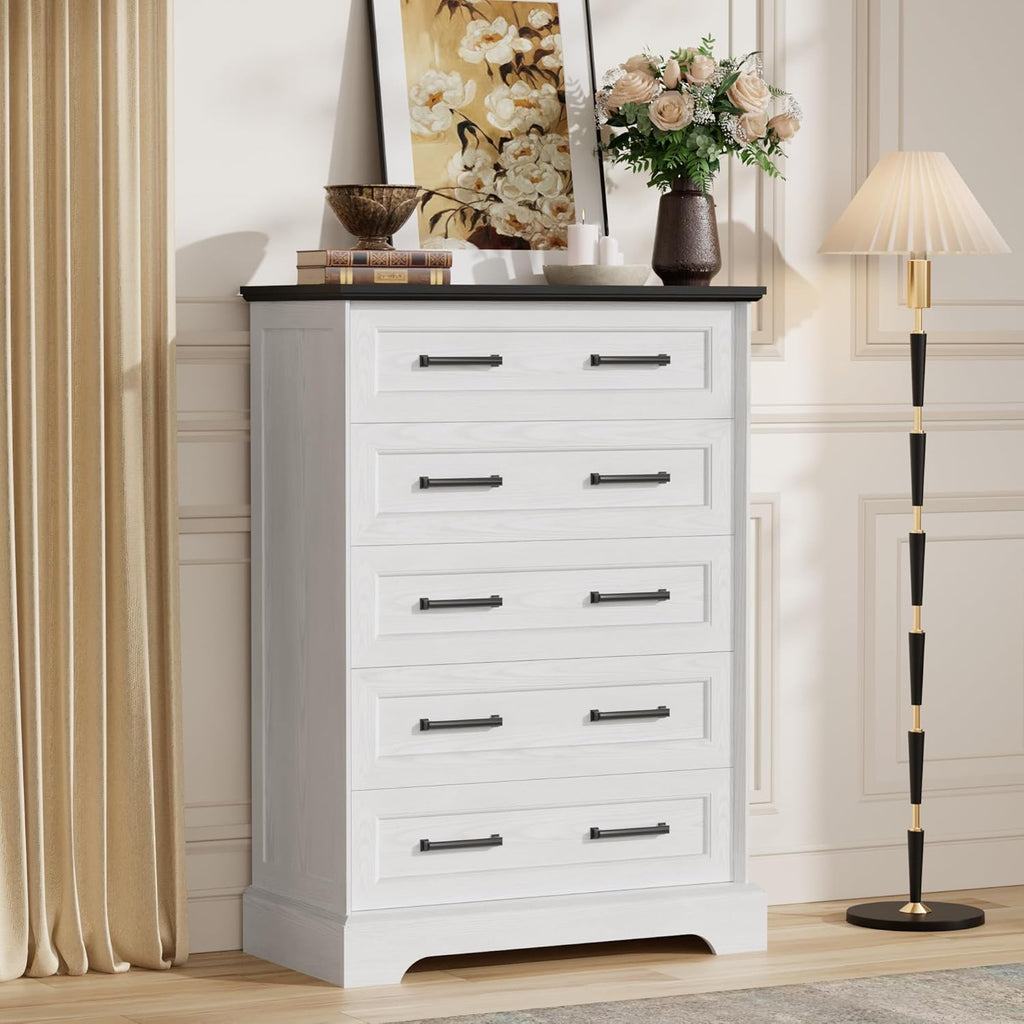 Furmax Farmhouse Dresser for Bedroom, 5 Drawers Dresser, Wood Chest of Drawers, 31.5' Wide Storage Dressers Organizer for Bedroom, Living Room (White and Black)