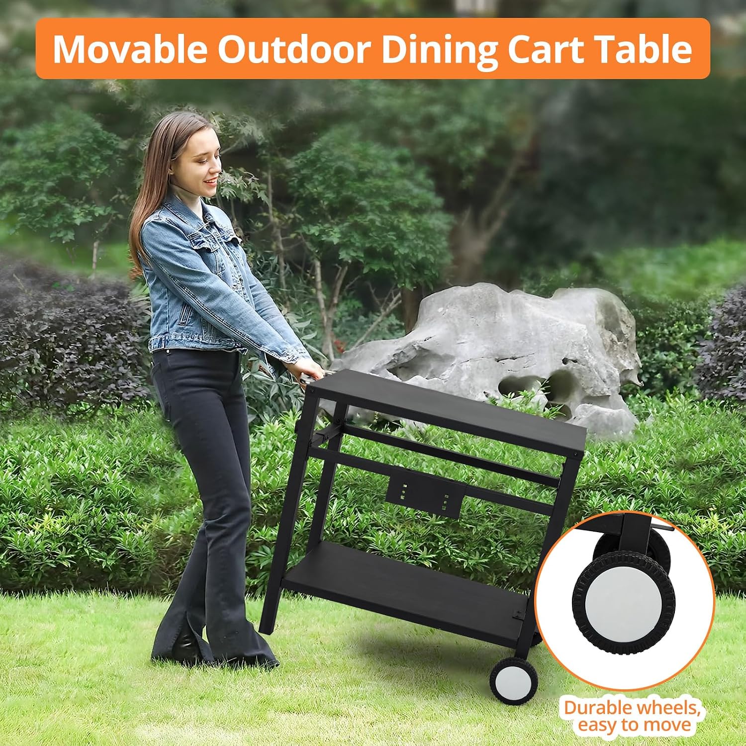Outdoor Grill Cart - Portable Barbecue Table with Rolling Wheels, Hooks, Double Shelves, Removable Steel Flat Top Work Surface, Side Handles, Multifunctional Commercial Design