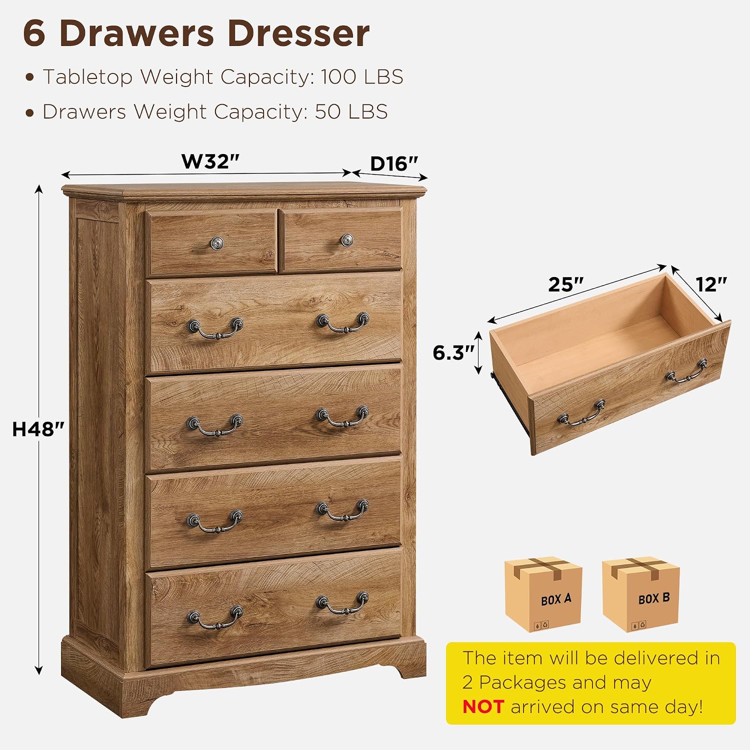 T4TREAM 48' Tall 6 Drawers Dresser Chests for Bedroom, Rustic Chset of Drawers, Wood Dressers Organizer for Bedroom, Living Room,Hallway, Light Knotty Oak