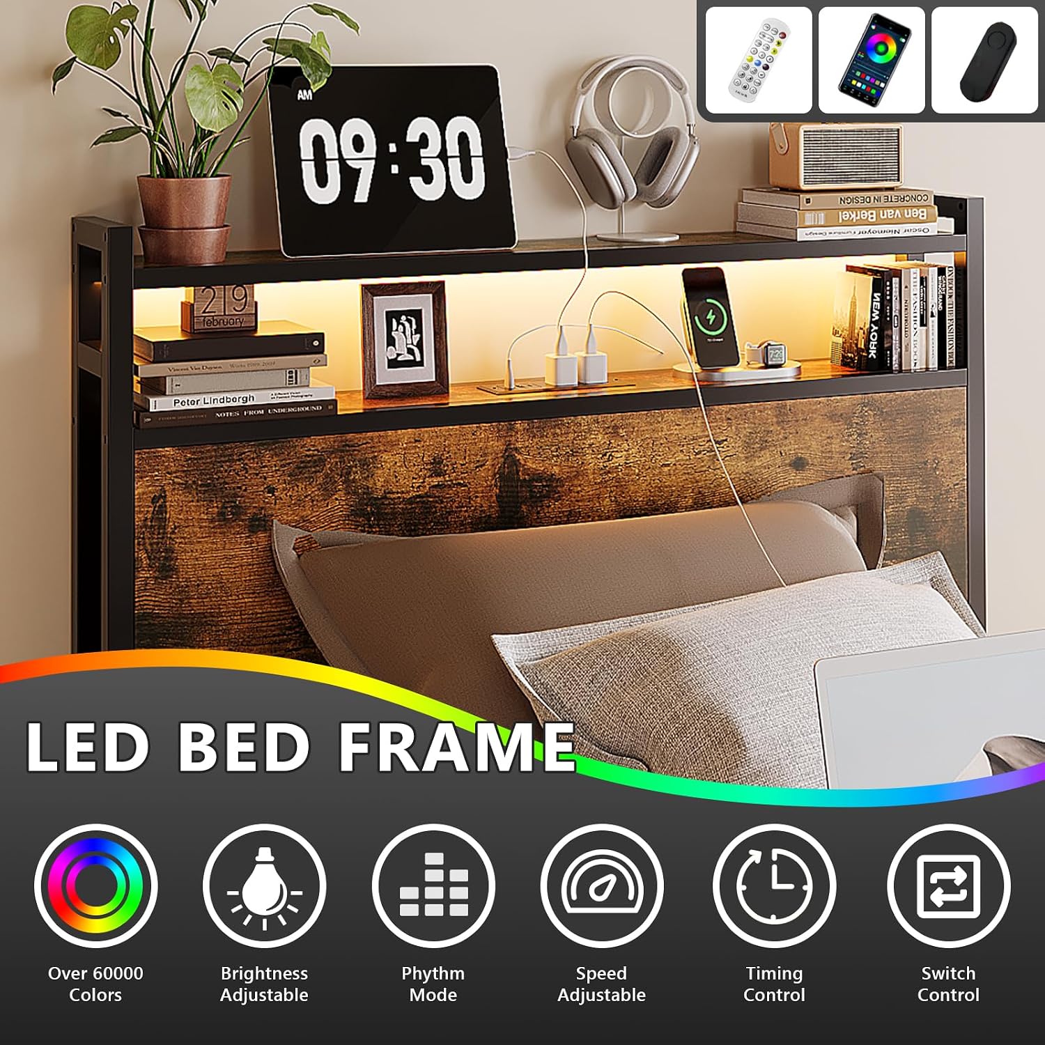 VINGLI Bed Frame Twin Size with 4 Storage Drawers and Storage Headboard, Metal Platform with Charging Station and LED Lights, No Box Spring Needed, Easy Assembly, Vintage Brown