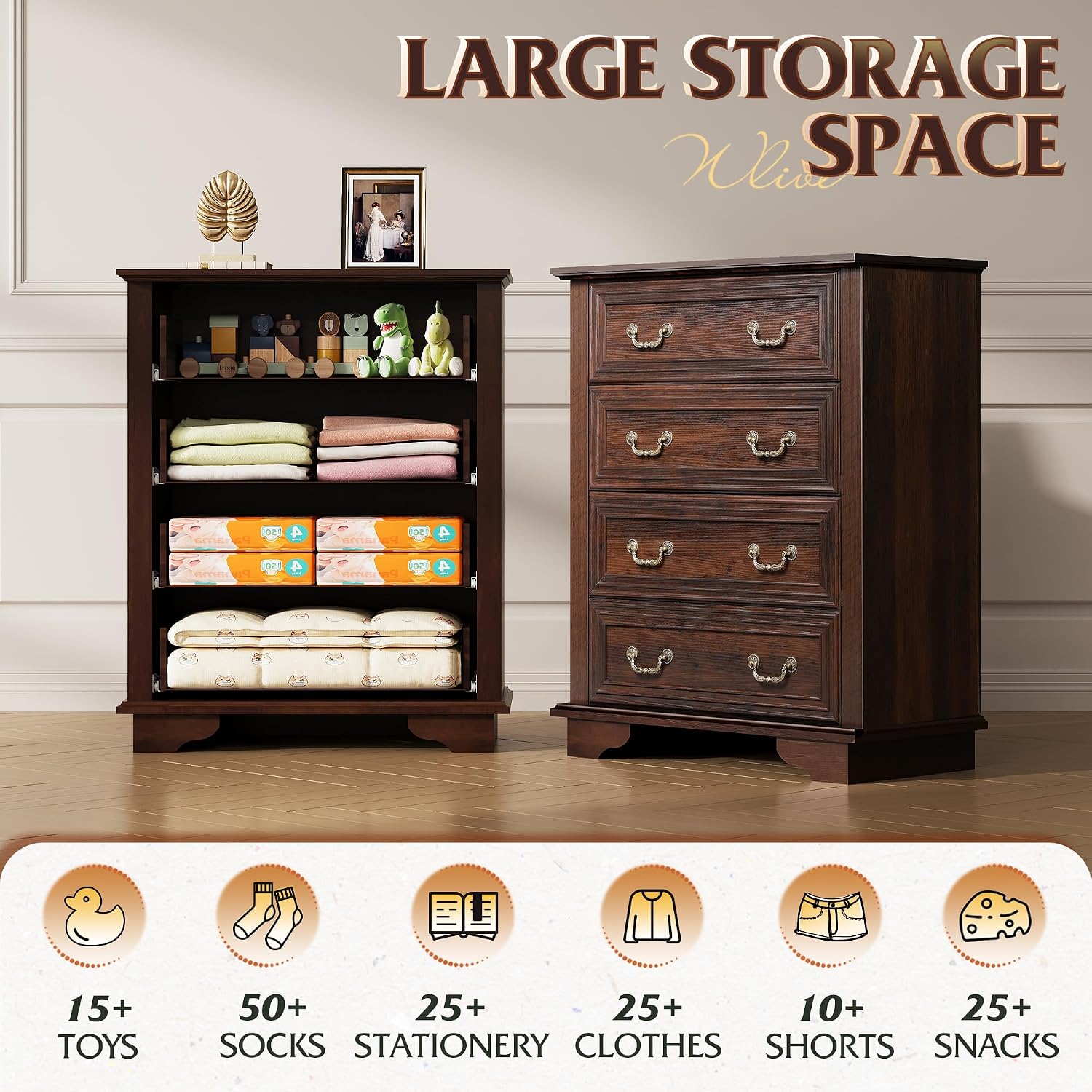 WLIVE Farmhouse 4 Drawer Dresser for Bedroom, 39' Tall Vintage Wood Chest of Drawers, Rustic Small Dressers with Square Wooden Legs, Mid-Century Storage Organizer for Living Room, Walnut