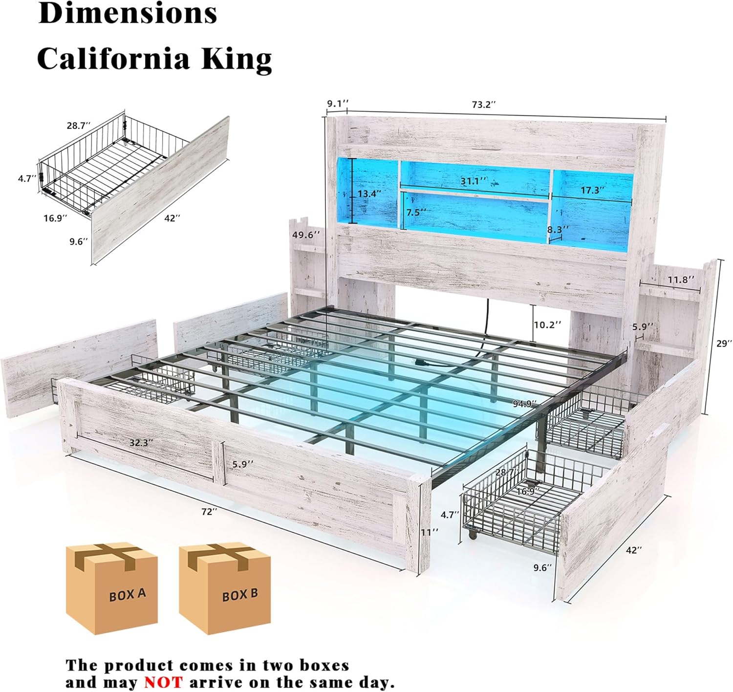 LUXOAK California King Bed Frame with 49.6' Bookcase Headboard & 2 Bedside Stoage Racks & 4 Drawers, Farmhouse Wood Bed Frame with RGB LED & Charging Station, No Box Spring Needed, Distressed White