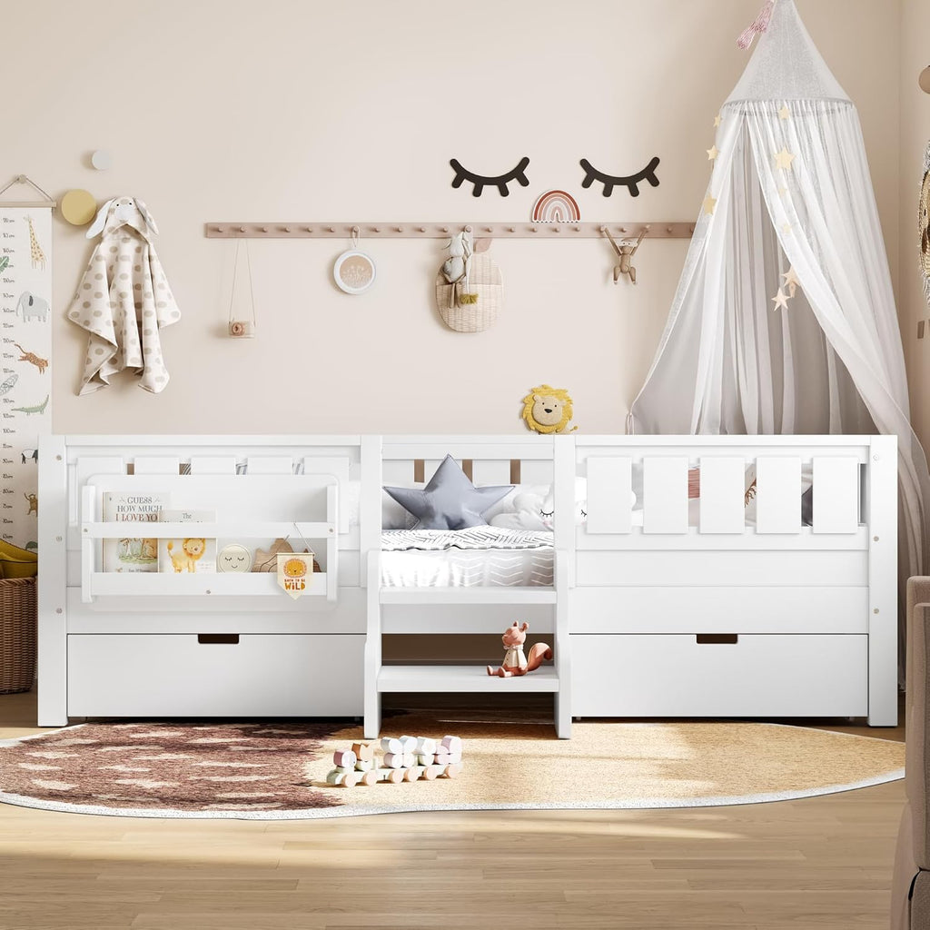 Bellemave Twin Montessori Bed with Stairs, Rails and Slats, Twin Size Montessori Floor Bed with Bookshelf and 2 Storage Drawers, Easy Assemble Beds Frame for Girls, Boys, White