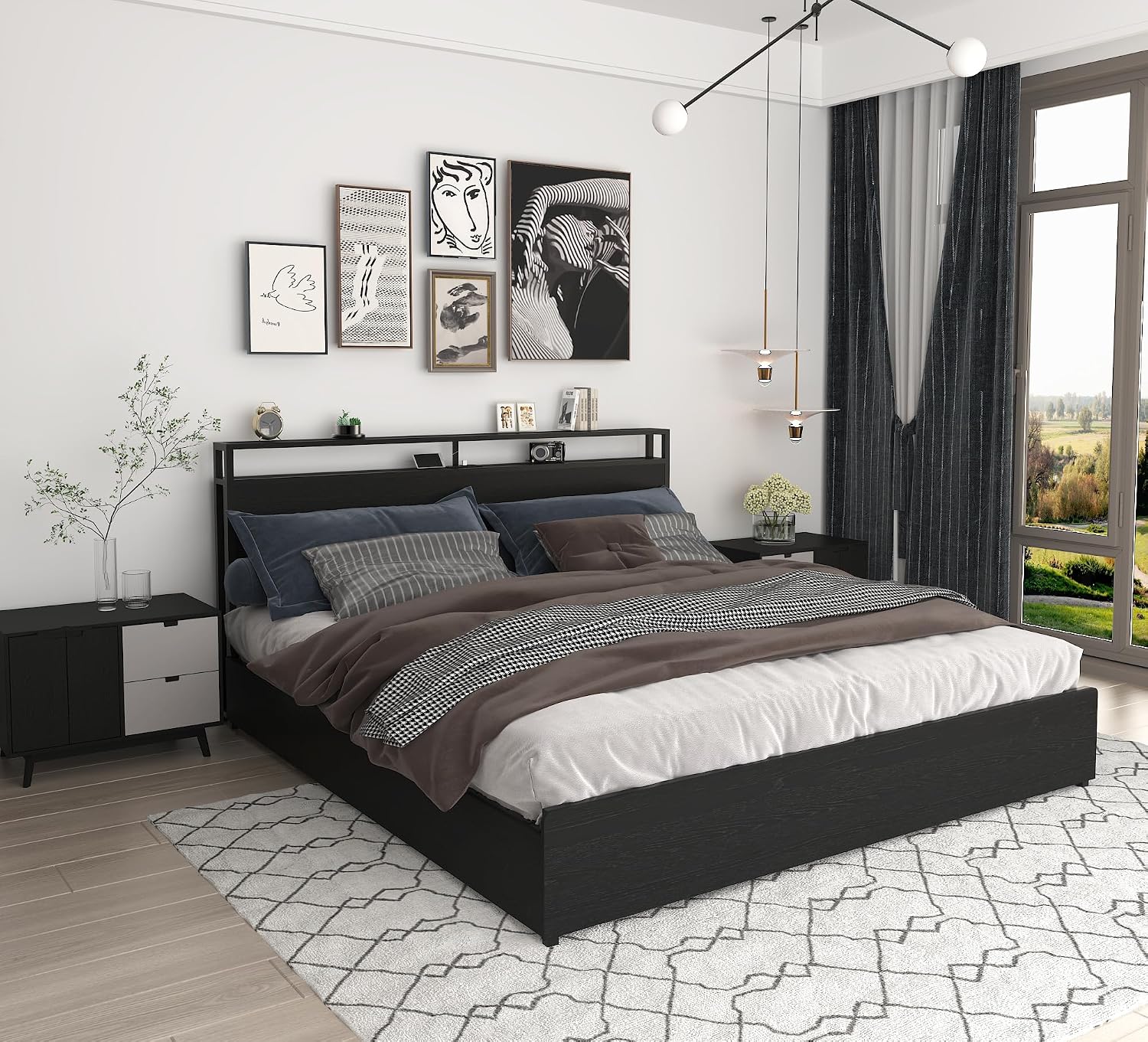 Bellemave King Size Bed Frame with 4 Storage Drawers and Charging, King Size Bed Frame with Headboard and Charging Station and with Led Lightstation, No Box Spring Needed, (King, Black)