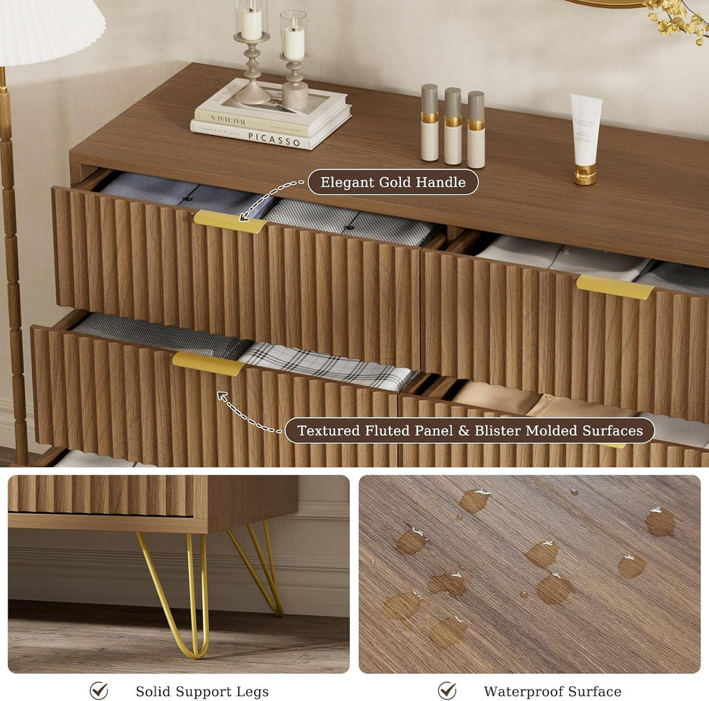LYNSOM Fluted Dresser for Bedroom, Walnut 6 Drawer Dresser with Gold Handles and Wide Drawers, Wood Chest of Drawers for Bedroom, Hallway