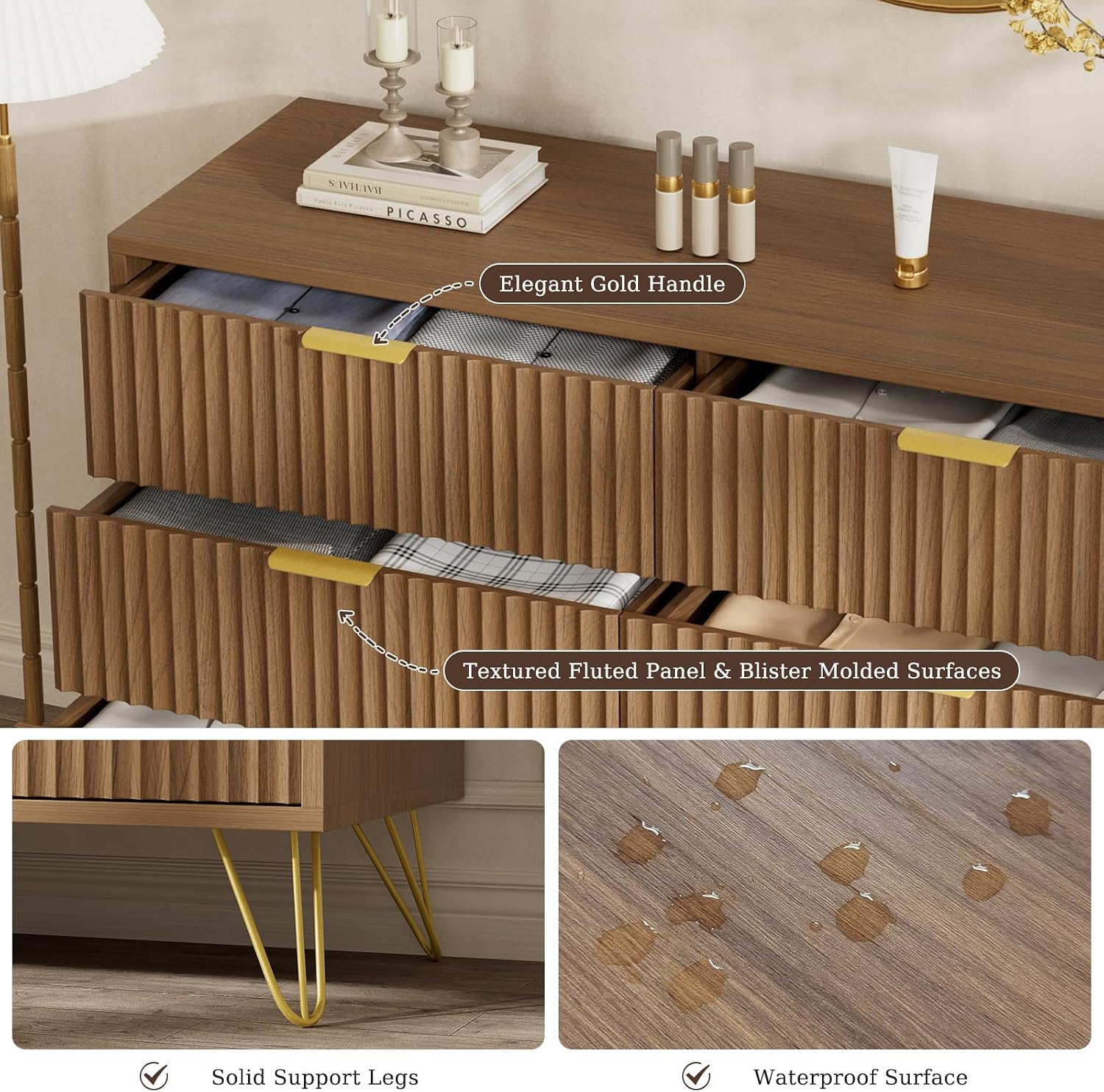 LYNSOM Fluted Dresser for Bedroom, Walnut 6 Drawer Dresser with Gold Handles and Wide Drawers, Wood Chest of Drawers for Bedroom, Hallway